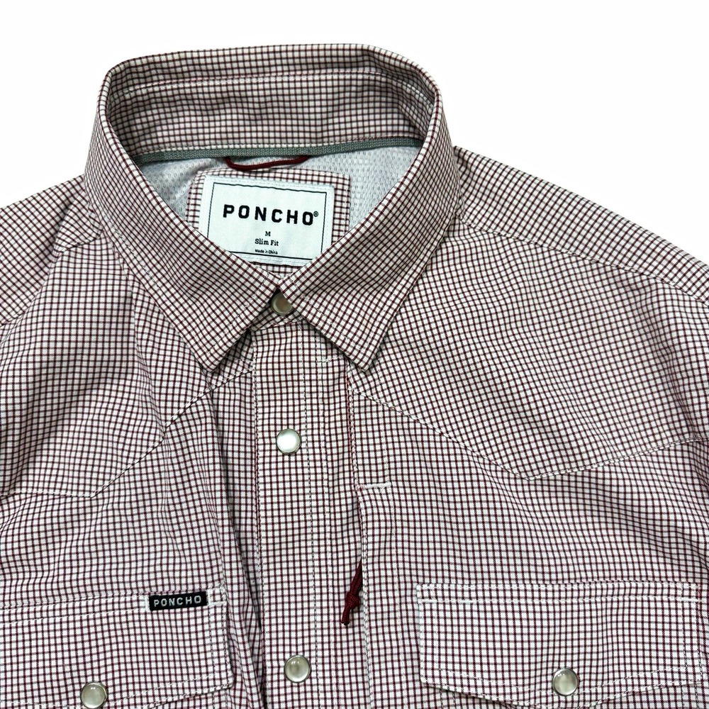 Poncho Mens M Slim Fit Red/White Check Long Sleeve Button Up Performance Shirt